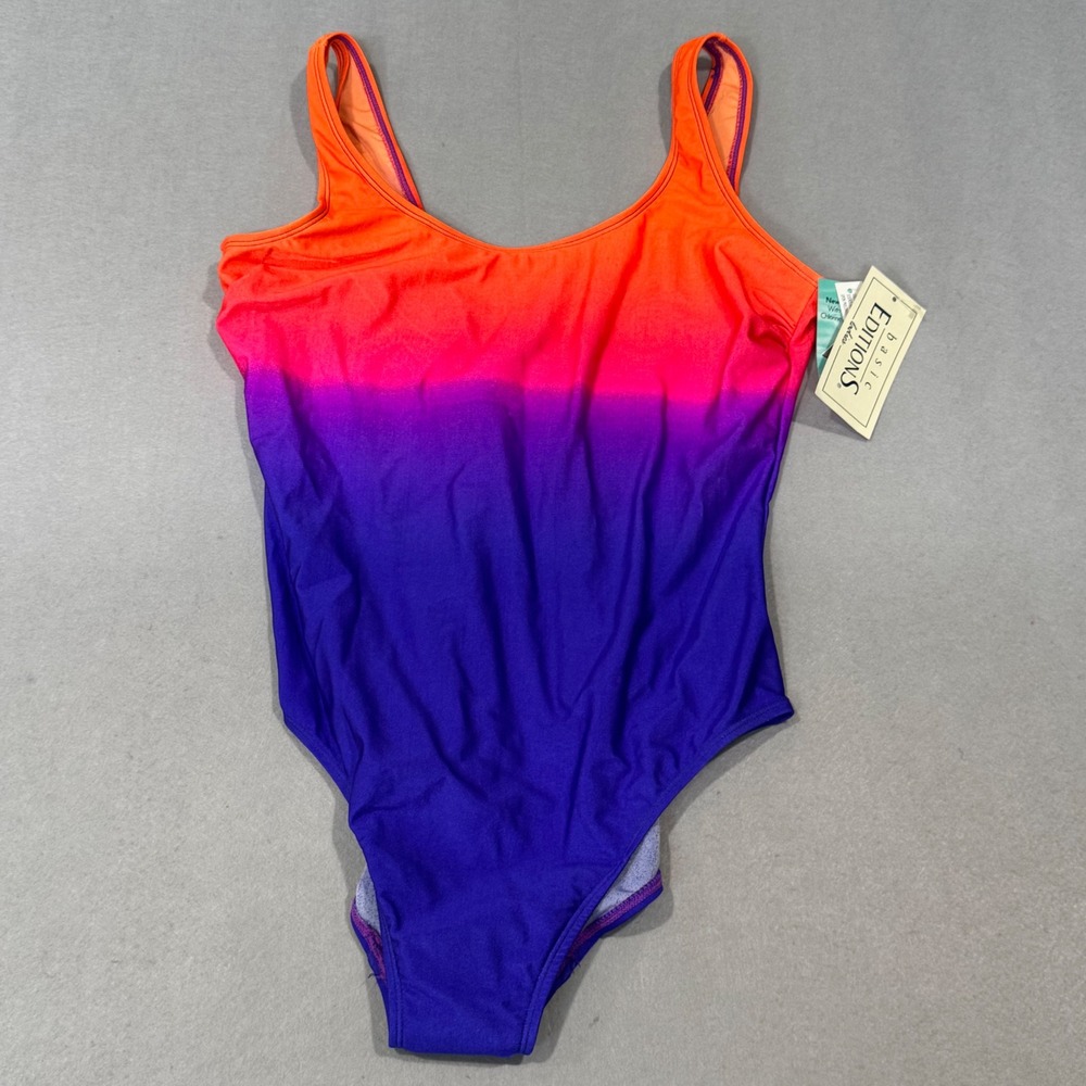 Basic Editions One Piece Swimsuit Womens Size 16 Orange Purple Ombre Scoop Neck